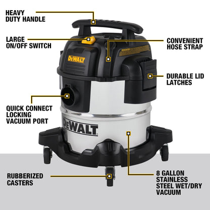 DEWALT DXV05S 5 Gallon Stainless Steel Wet/Dry Vac, 4 Peak HP Shop Vacuums with Attachments, Powerful Suction, 1-7/8" Hose, DXV05S, Silver