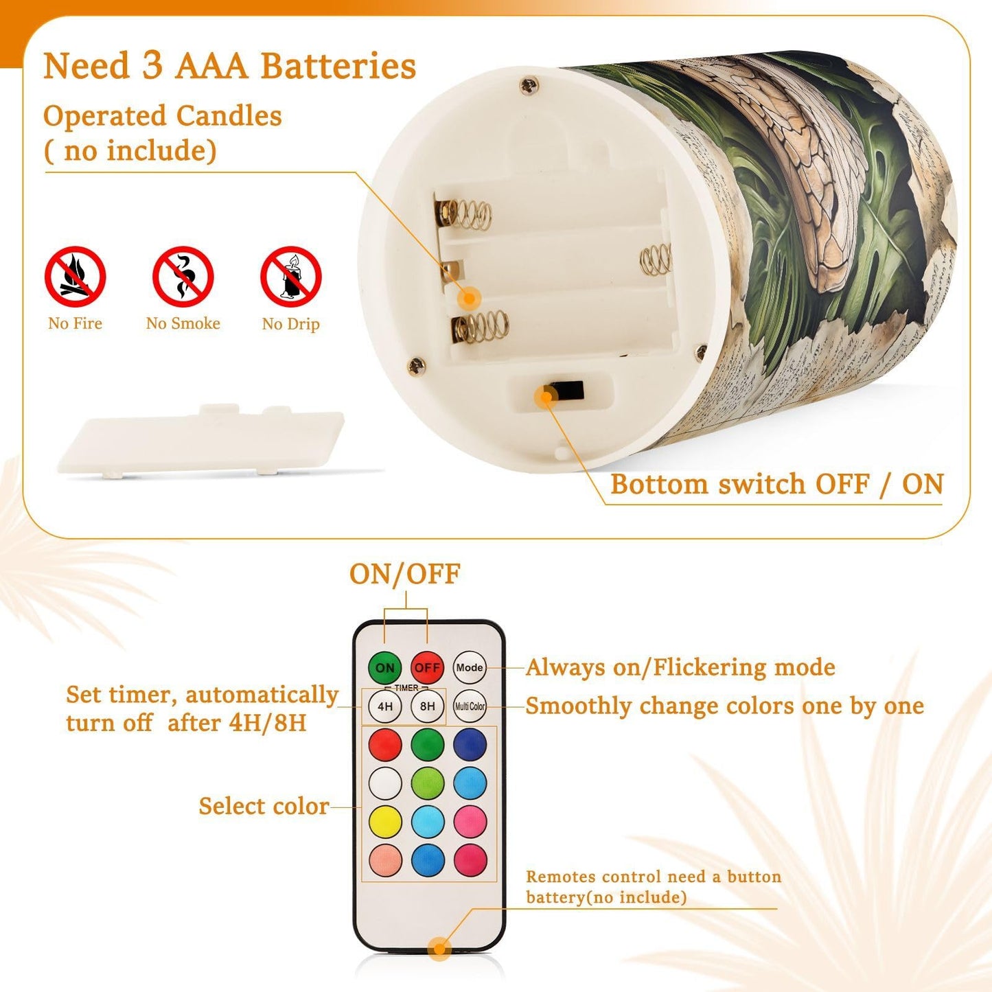 ALAZA Flameless Candles with Remote Timer,Dinosaur Palm Leaves Battery Operated Candles Set of 2 LED Tea Lights Flickering Pillar Votive Candles for Indoor Outdoor Decor