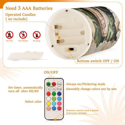 ALAZA Flameless Candles with Remote Timer,Dinosaur Palm Leaves Battery Operated Candles Set of 2 LED Tea Lights Flickering Pillar Votive Candles for Indoor Outdoor Decor