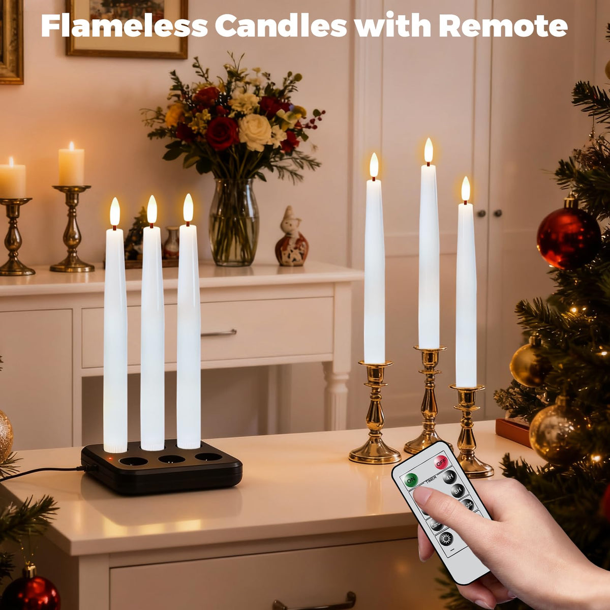 Wondise Rechargeable Flameless Taper Candles, Battery Operated Candles with Remote&Timer, Real Wax LED Candlesticks 3D Wick Flickering for Home Wedding Christmas Decor