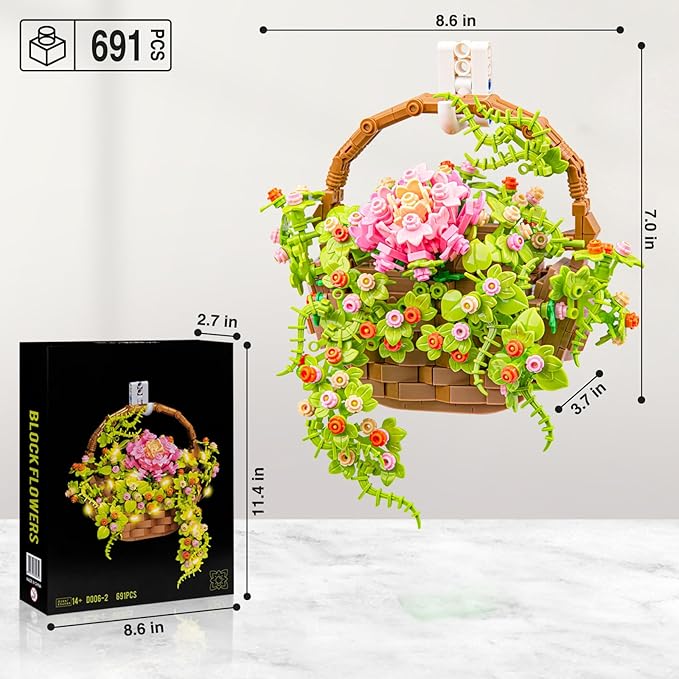 Flower Bouquet Building Set Flowers Basket Bonsai Plants with Light Botanical Collection Wall Decor Creative Building Toy Gift for Adults (691 PCS)
