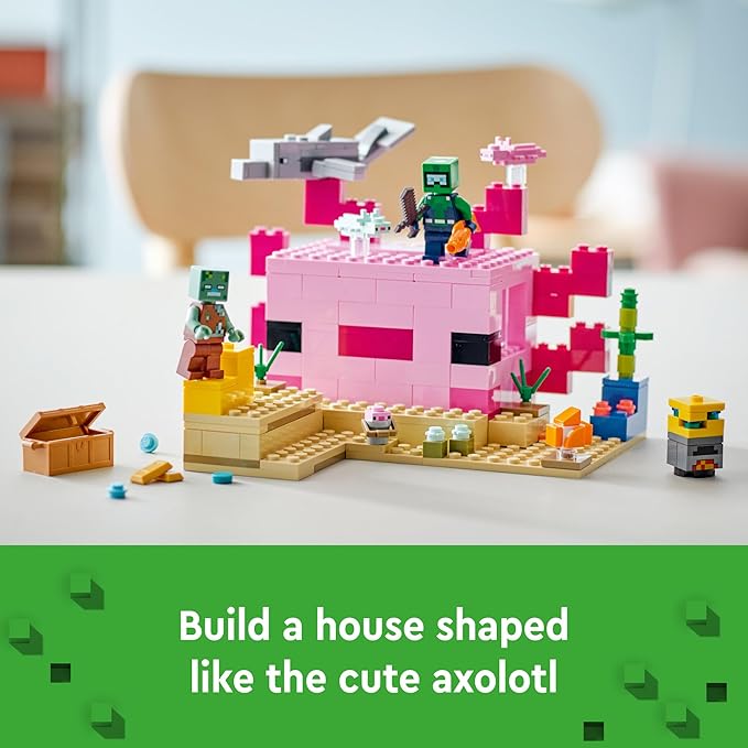 LEGO Minecraft The Axolotl House 21247 Building Toy Set Creative Adventures at a Colorful Underwater Base Includes a Diver Explorer Dolphin Drowned and More Minecraft Toy for 7 Year Old Kids