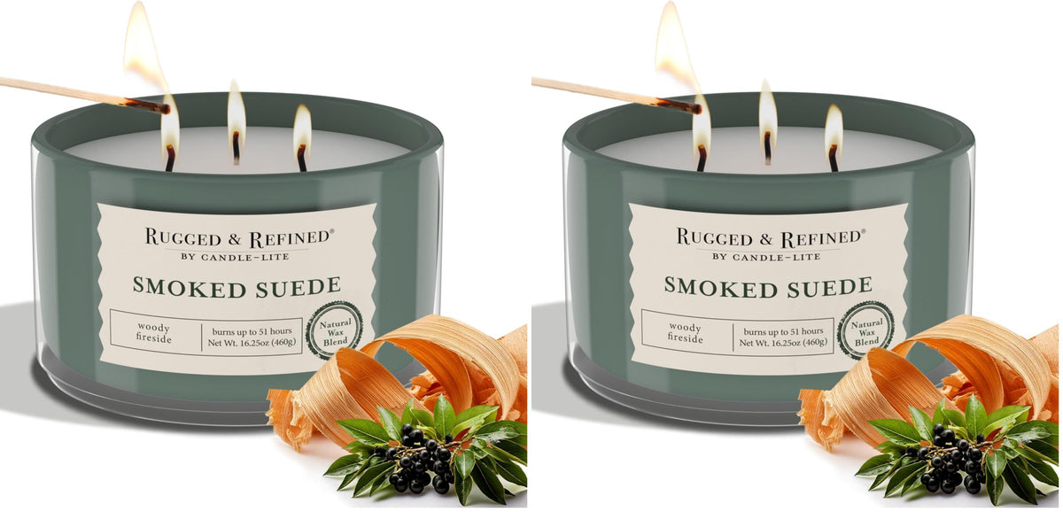 Candle-Lite Rugged & Refined Mens Scented Candle, Smoked Suede Scent, Masculine Aromatherapy Candles, 16.25 oz 3-Wick Jar, 51 Hours Burn Time, Ideal Gifts for Men (Individual Box) (Pack of 2)