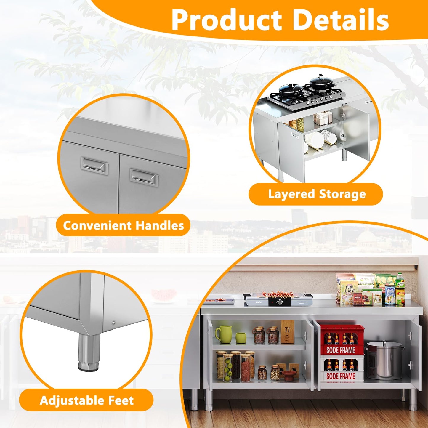 WWK 59" x 21" Stainless Steel Prep Table with Cabinet, Commercial Kitchen Table for Prep & Work, Heavy Duty Work Table with 4 Doors for Kitchen, Restaurant, Hotel, Garage and Cafe