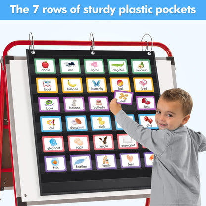 AUVCAS Standard Pocket Chart Clear 7 for Classroom & Home Heavy Duty Hanging Pocket Chart for Word Wall/Letter Cards/Sentence Strips 28Wx28L,Black