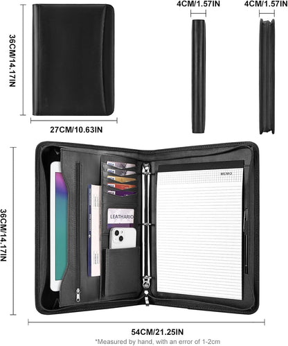 Leathario Portfolio Binder, Includes 10 Sheet Protectors and 3 Notepads, 3-Ring Folder Organizer, A4 Padfolio with Zipper, Vegan Leather Tablet Sleeve, Business Office Conference Clipboards