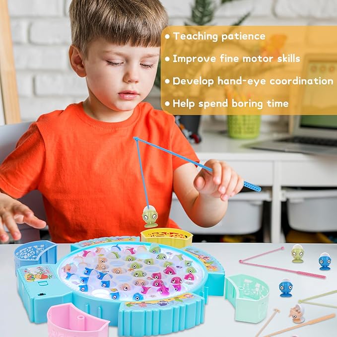 Light Up Fishing Game Toys Rotating Board Game with Music Including 45 Fishes and 8 Fishing Poles Party Game Toys for Kids Age 4 5 6 7 8 and Up
