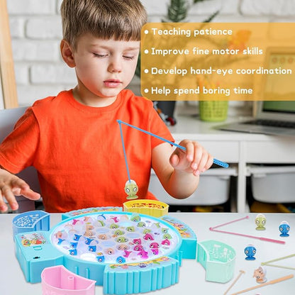 Light Up Fishing Game Toys Rotating Board Game with Music Including 45 Fishes and 8 Fishing Poles Party Game Toys for Kids Age 4 5 6 7 8 and Up