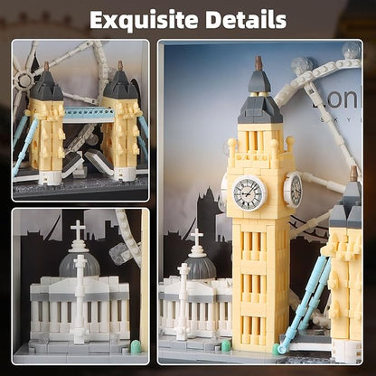 London City Skyline Micro Building Set World Famous Architecture Model 3D Wall Art Home Office Décor Display Landmarks London Bridge Gift Toy for Adults Kids 12+ (1111PCS)
