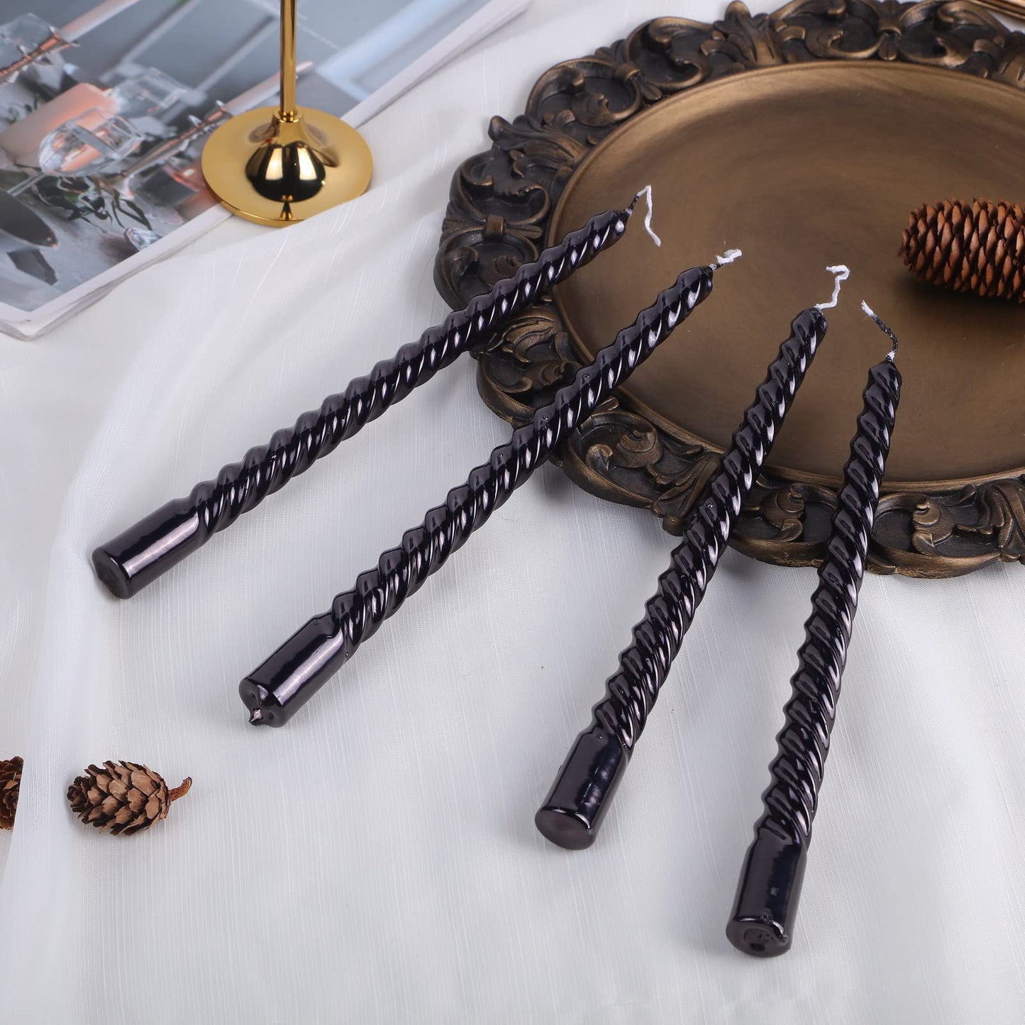 10 Inch Taper Spiral Candle, Set of 4 Tapered Candles,Smokeless,Tall Candlesticks, Home Dinner, Party, Wedding, Halloween, Christmas (4, Black, 25cm)