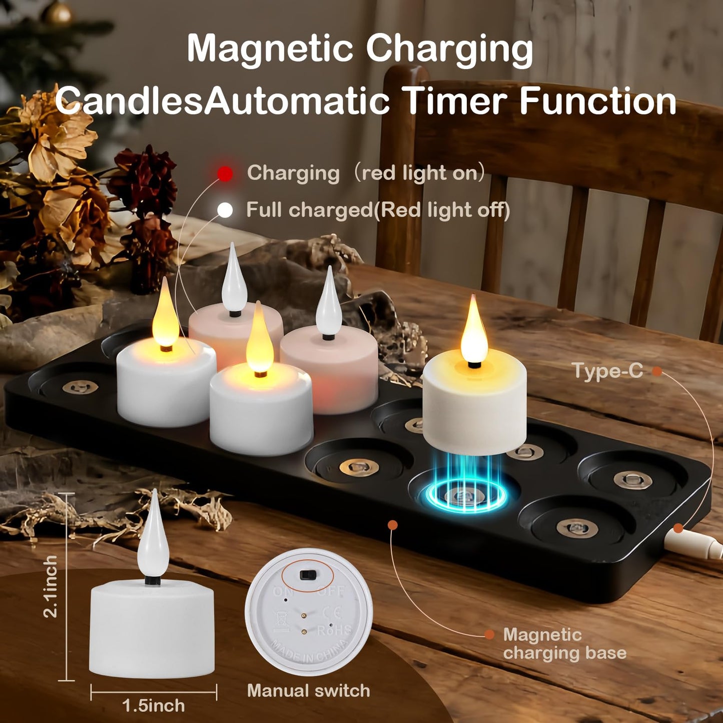 yunsheng Magnetic Rechargeable Tea Light Candles with Black Charging Base and Remote Timer, 12Pcs Battery Operated Tea Lights, LED Flameless Votive Candles for Home Wedding Party Decor(White)