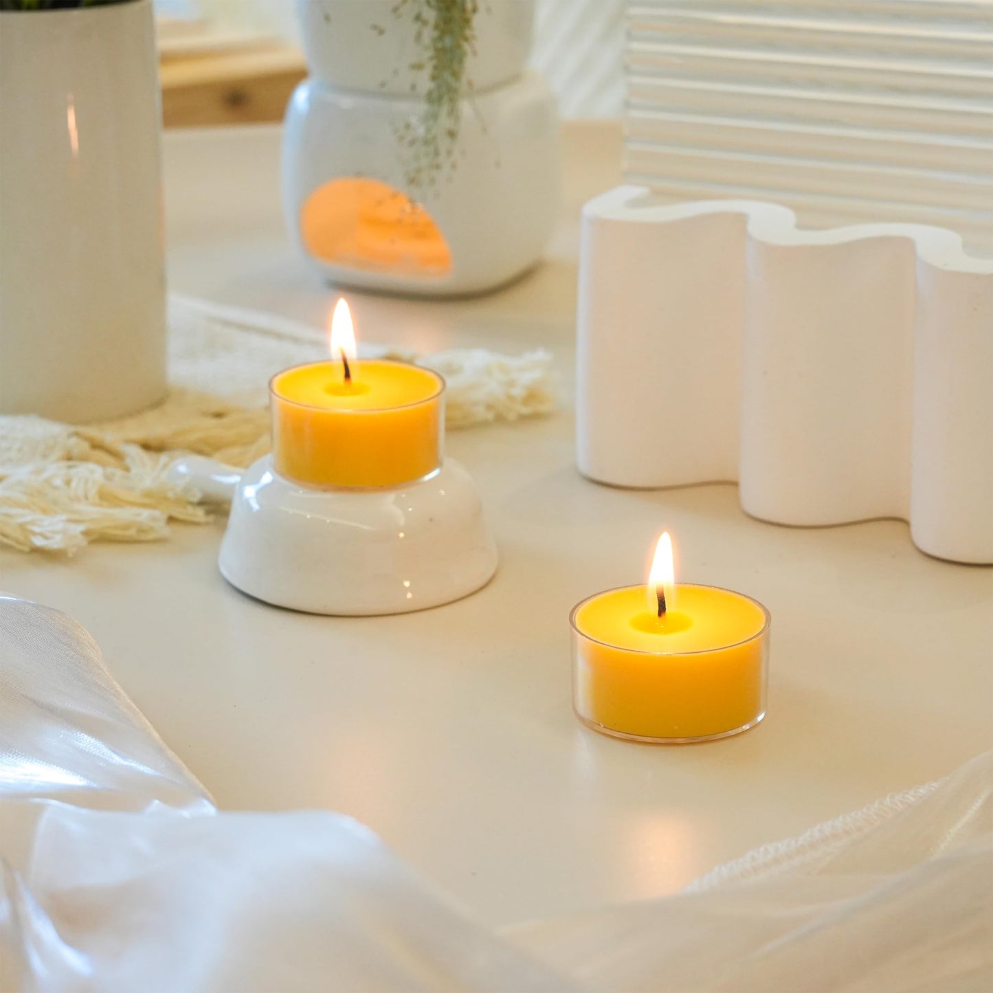 MUUFAZA 12 Unscented Natural Soy Tealight Candles in Clear Cups, 5H Long Clean Burning, Hand-Poured Yellow Mini Tea Candle Set for Parties, Spa, Meditation, Gift, Holiday, Emergency, Home Decor