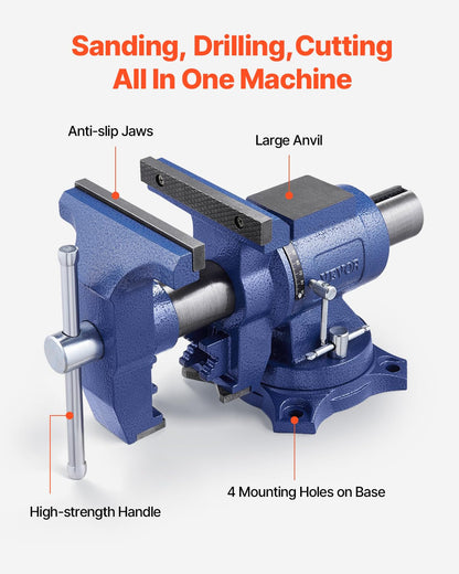 VEVOR Heavy Duty Bench Vise, 6.5 Inch Jaw Width, 5 Inch Max Opening, Multi-Purpose Ductile Iron, Anvil, 360° Swivel Base, 5620 Lbs Clamp Force