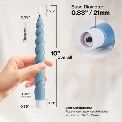 WYZworks 10" Flameless LED Taper Candles – Full Twisted Spiral – Dusty Blue, Set of 6 – Remote, 2/4/6/8-Hr Timer (24-hr Memory), Bottom On/Off Button, Dimmable, Battery Operated, Flicker/Steady