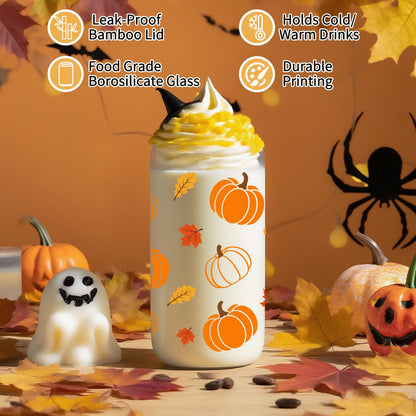 Frerdui Halloween Pumpkin Coffee Cup - 16 Oz Pumpkins Fall Mug, Iced Coffee Glass Tumbler Glass Cups W/Lids Straws, Cute Halloween Fall Gifts for Women Teens Girl