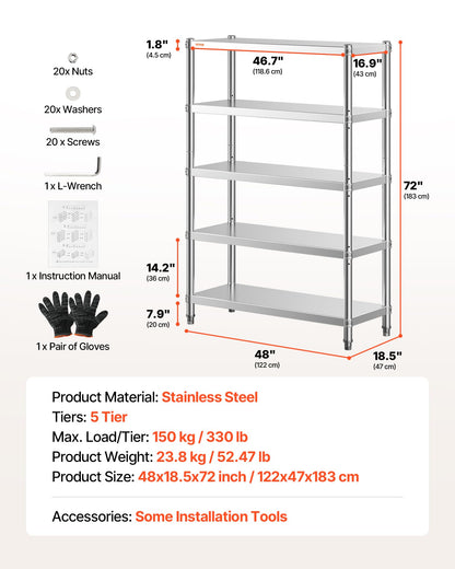 VEVOR Stainless Steel Shelving 48x18.5 Inch 5 Tier Adjustable Shelf Storage Unit Stainless Steel Heavy Duty Shelving for Kitchen Commercial Office Garage Storage 330lb Per Shelf