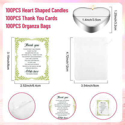 JEFHOMKIT 100 Set Wedding Favors - Heart Shaped Tealight Candles and Thank You Cards with Organza Bags