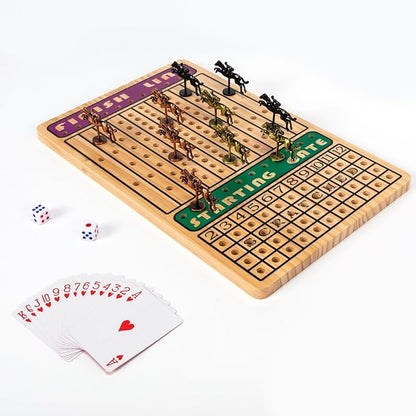 Horse Race Board Game with 11 Luxury Metal Horses 4 Dice 2 Card Boxes and Thickened Wood Game Board for 2-11 Players Family Party for Adults Teens &amp Kids Horse Racing Game
