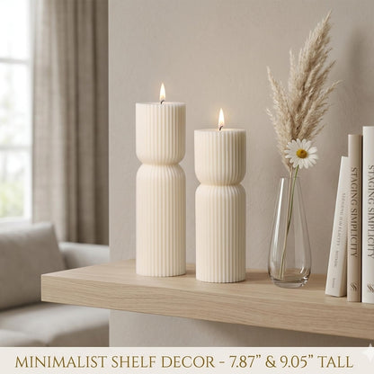 Aesthetic Sandalwood Scented Candles,Ribbed Pillar Candle Set of 2 (7.87" & 9.05" Tall), Natural Soy Wax Minimalist Geometric Decor, Modern Fluted Sculptural Candles for Home,Shelf, Mantel & Gift