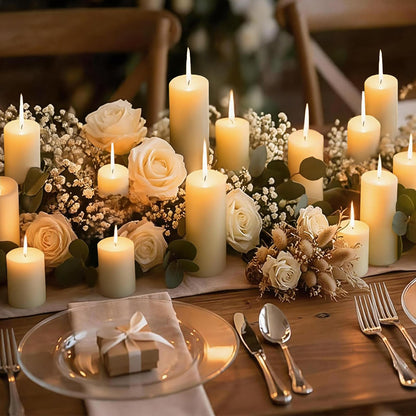 Veiuwa 36 Pack Ivory Pillar Candles Bulk Set, 2x3 2x6 2x8 Inch - 12 Each Size, Dripless Smokeless Clean Burning for Wedding Centerpieces, Home Decor, Church, Romantic Ambiance！