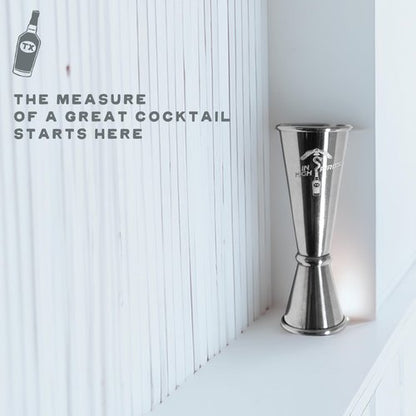In High Spirits Japanese Jigger - 2oz/1oz Stainless Steel Cocktail Jigger with 8 Interior Measurements - Durable, Professional Grade Bartending Tool for Home Bar & Commercial Use