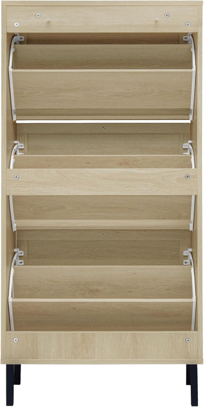 ZeHuoGe Natural Rattan Shoe Storage Rack - Modern 3-Tier Cabinet with 3 Flip Drawers for Heels & Slippers
