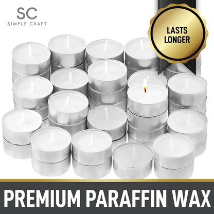 Simple Craft 150 Pack Tea Lights Candles - Unscented Tealight Candles Pack - Long Lasting Paraffin Wax Small Candles in Bulk - Smokeless & Dripless Tea Light Candles for Home, Parties, Weddings