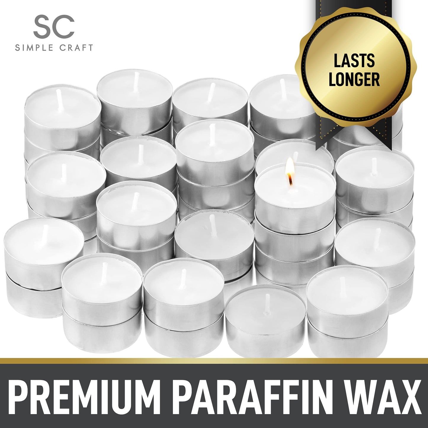Simple Craft 100 Pack Tea Lights Candles - Unscented Tealight Candles Pack - Long Lasting Paraffin Wax Small Candles in Bulk - Smokeless & Dripless Tea Light Candles for Home, Parties, Weddings