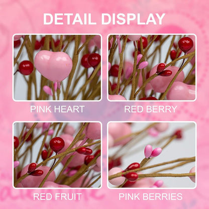 J'FLORU Valentine's Day Gifts Valentines Day Decorations 24 Pack Pink Heart Shaped Berry Picks with Red Berries for Valentines Day Wedding Candlelight Dinner Anniversary