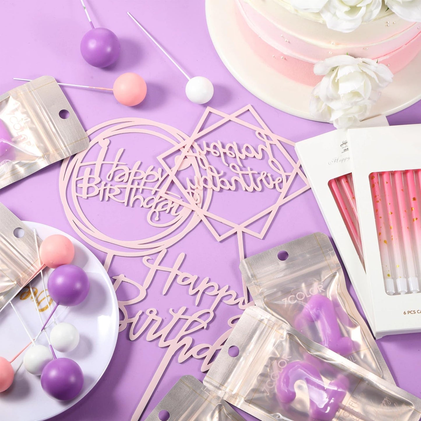Yerliker 34 Pcs Happy Birthday Cake Toppers Decorations Birthday Candles DIY Cake Decor for Men Women Wedding Anniversary(Purple Pink)