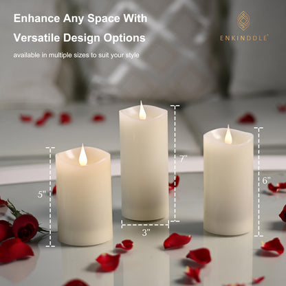 ENKINDDLE Tall Flameless Candles with Timer, 3D Moving Flame LED Pillar Candle, Real Wax Flickering Candle, Battery Operated, Ivory 3"x7" for Fireplace & Living Room Decor