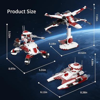 3 in 1 Space Vehicle Building Set - Buildable Space Fighter Galactic Battle Tank Anti Vehicle Cannon Compatible with Lego Great Birthday Gift Toy for Star Fans Kids Boys Girls Ages 6+