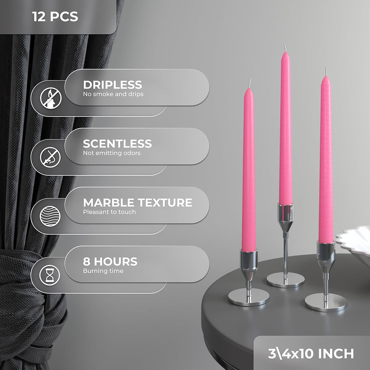 CANDWAX Pink 10 inch Taper Candles Set of 12 - Unscented Smokeless Dripless Pink Candlesticks - Perfect as Easter Candles and for Holidays, Ordinary Dinners and Special Occasions - Tall Candle Sticks