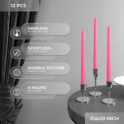 CANDWAX Pink 10 inch Taper Candles Set of 12 - Unscented Smokeless Dripless Pink Candlesticks - Perfect as Easter Candles and for Holidays, Ordinary Dinners and Special Occasions - Tall Candle Sticks
