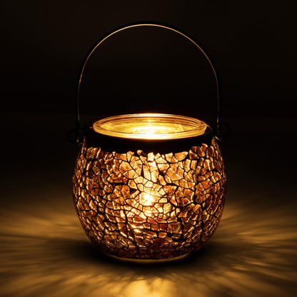Rancco Candle Holder Mosaic Glass Tea Light Holder, Votive Candle Holders with Handle for Thanksgiving Table Centerpiece Christmas Party Decor,Also Used as Vase,Pen Holder,Potted Plants Bowl (Amber)