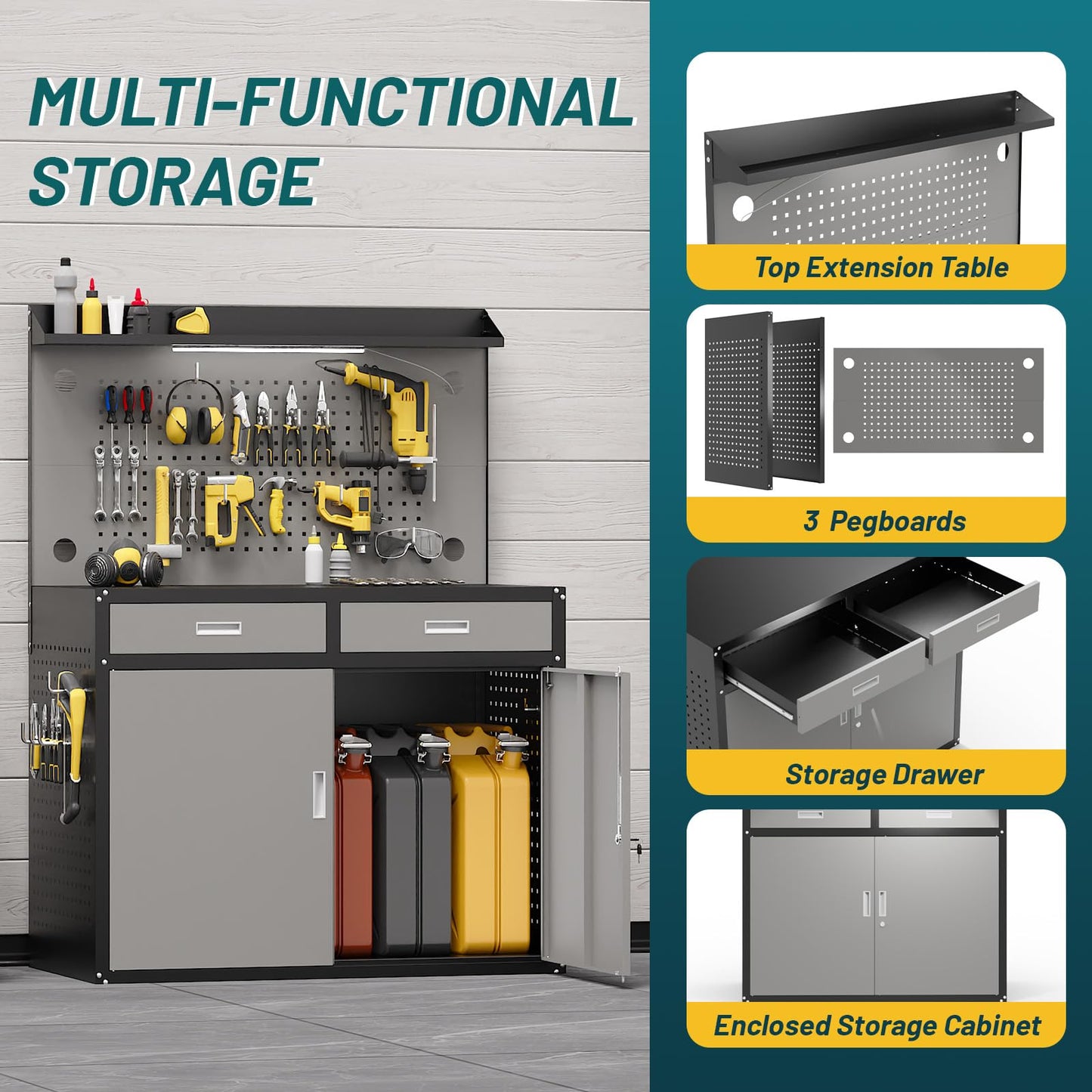 65" Heavy Duty Workbench with Drawers and Lockable Storage Cabinet- 2500 LBS Capacity Work Bench with Pegboard,Work Table with Adjustable LED Light for Garage,Workshop and Repair Shop