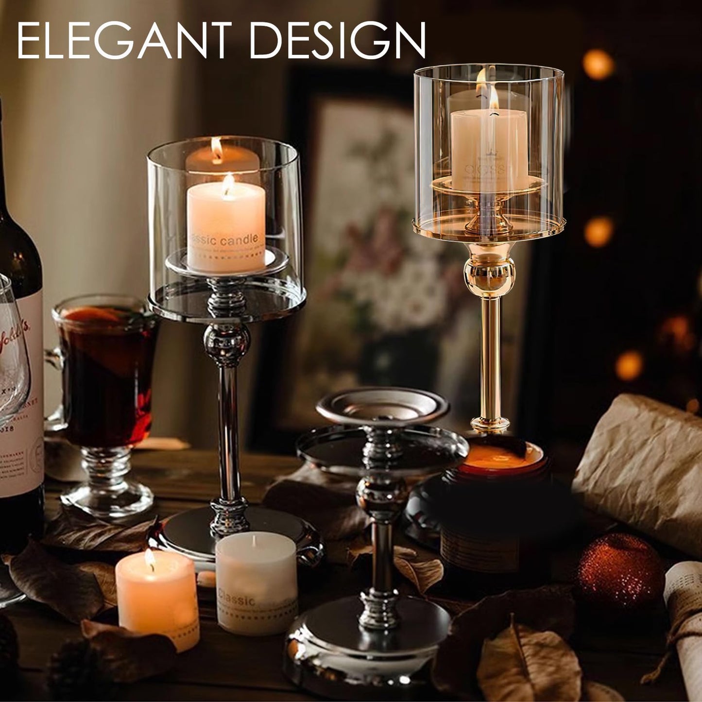Modern Decorative Metal Candle Holder, Clear Glass Cylinder Candleholder, Open-End Candle Shade, Ideal for Table or Mantel Centerpiece, Wedding, Dining, Party Home Décor (Gold)