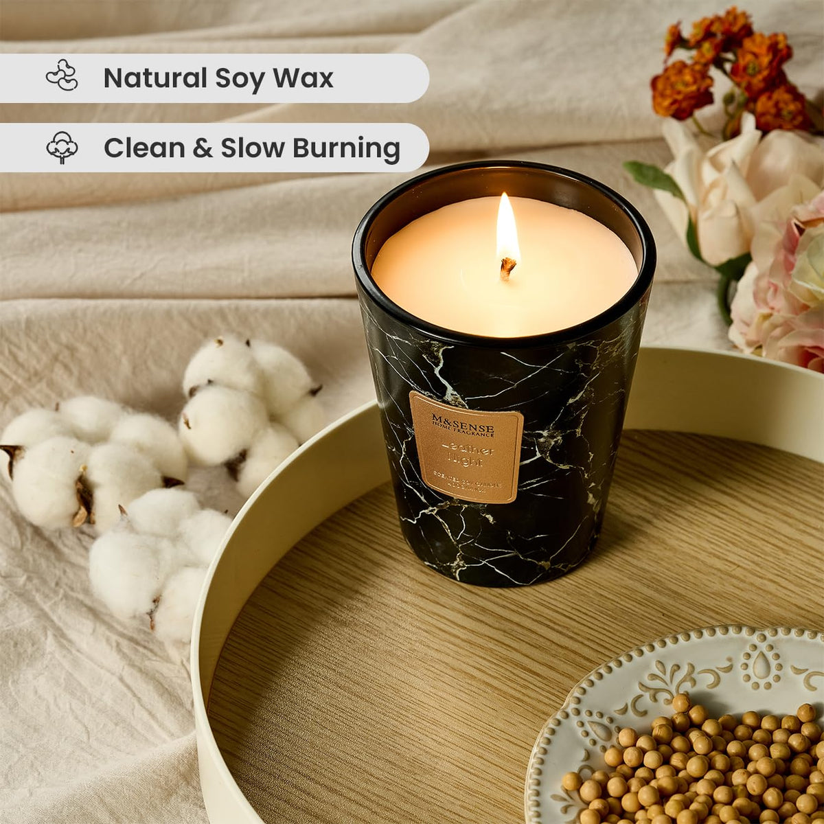 M&SENSE Leather Night Scented Soy Candle, 3 Wick Highly Scented 14.1 Oz 75H, Aromatherapy Christmas Gift for Women and Men