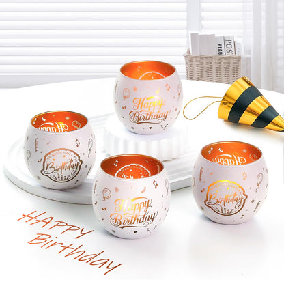 Happy Birthday Decorations White Glass Tealight Votive Candle Holders Set of 4, Birthday Gift Decor with Balloon Carvings, Birthday Party Centerpieces Table