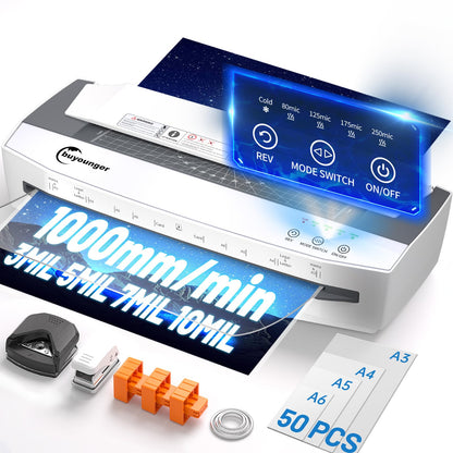 Buyounger 3-10 Mil Laminator Machine, 4-Roller Commercial Laminator Machine with 50 Laminating Sheets, 13 Inch Laminating Machine 11X17 with 1000mm/min Speed & REV Jam-Free for Office School Home