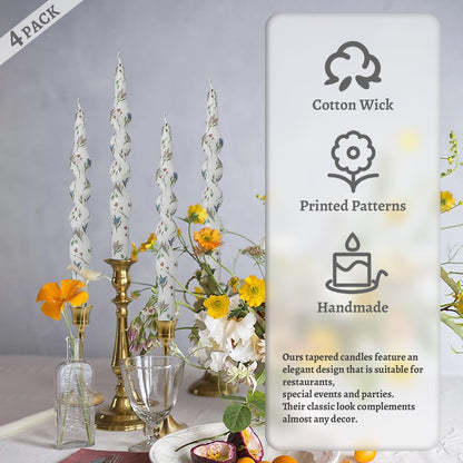 Unscented Floral Taper Candle Spiral Candlesticks - Set of 4 Trefoil Handmade Twisted Candle 10 Inch Long Candle Sticks Print Tapered Candles for Home Wedding Dinner