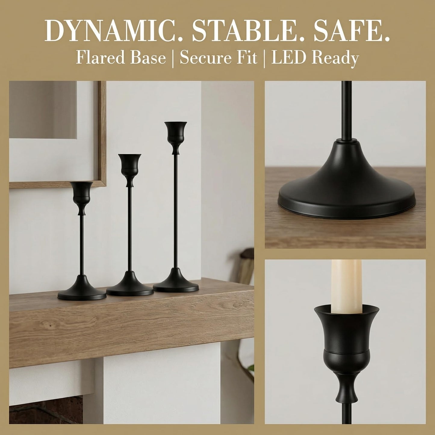 Oakernel Black Taper Candle Holders 4 Sets(12 Pcs) - Tall Metal Candlestick Holders for Table Centerpiece, Formal Dinner, Wedding, Fireplace Mantel Decor, Fits 3/4 Inch Thick Candles