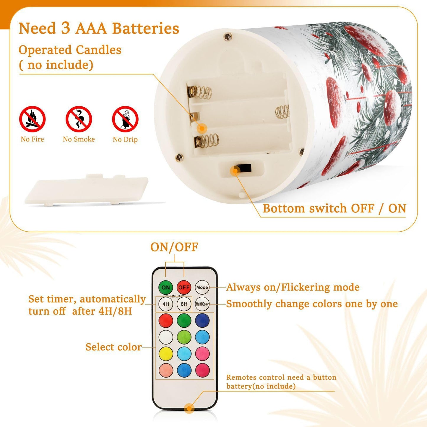 Christmas Lights Flameless Candles Winter Christmas Balls Snowflakes Pillar Candles Set of 2 Battery Operated Remote Control Warm Lights Home Decor