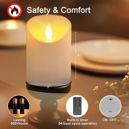 Tediselu 3"x4" Flickering Flameless Candles, Realistic LED Candles, Battery Operated Candles with Remote and Timers, Real Wax Electric Fake Pillar Candles for Festival Wedding Home Party Decor-2Pack