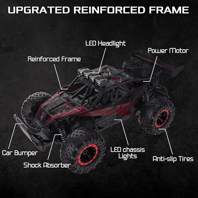 1:16 Scale Remote Control Car 20 Km/h High Speed Remote Control Truck Off Road RC Monster Vehicle with LED Headlights and Chassis Lights Electric Toy for Boys Kids and Adults