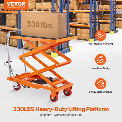VEVOR Hydraulic Lift Table Cart, 330 lbs Load Capacity, 50-Inch Lifting Height, Manual Single Scissor Lift Table with Non-Slip Pad and 4 Wheels, Orange, Alloy Steel
