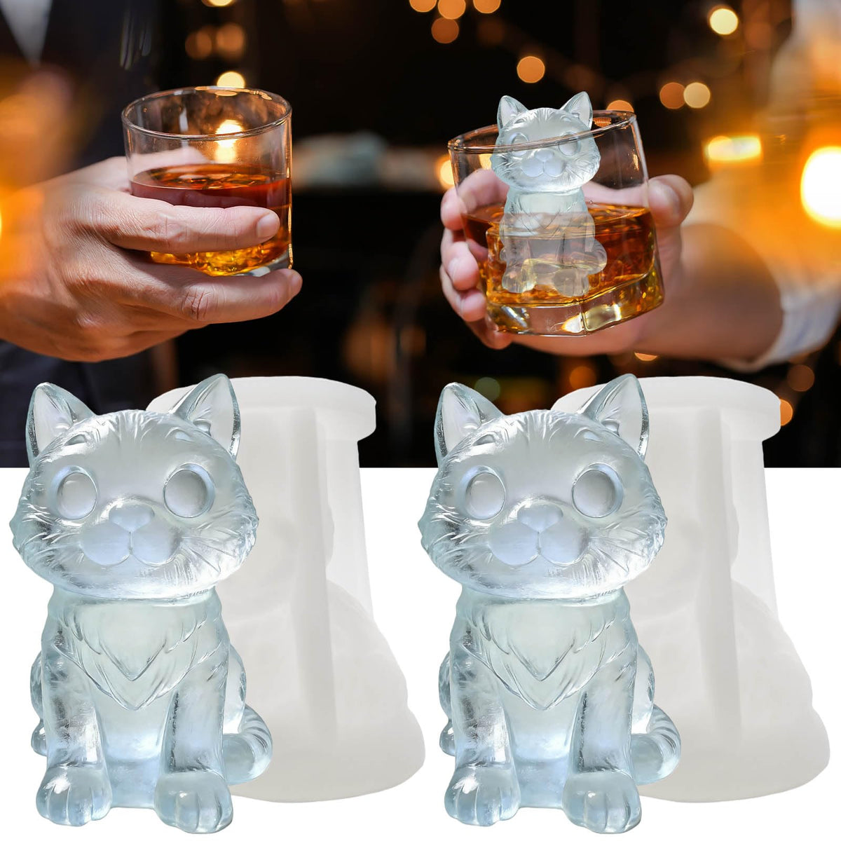 SIUPER 3D Cat Ice Cube Silicone Molds Tray for Whiskey, Cocktail, Drink, Bar; Rich Details. Fun Animal Mold for DIY Craft Taba Squishy Chocolate Soap Candle Resin Gift for Women Girls Boys; 2 Pack