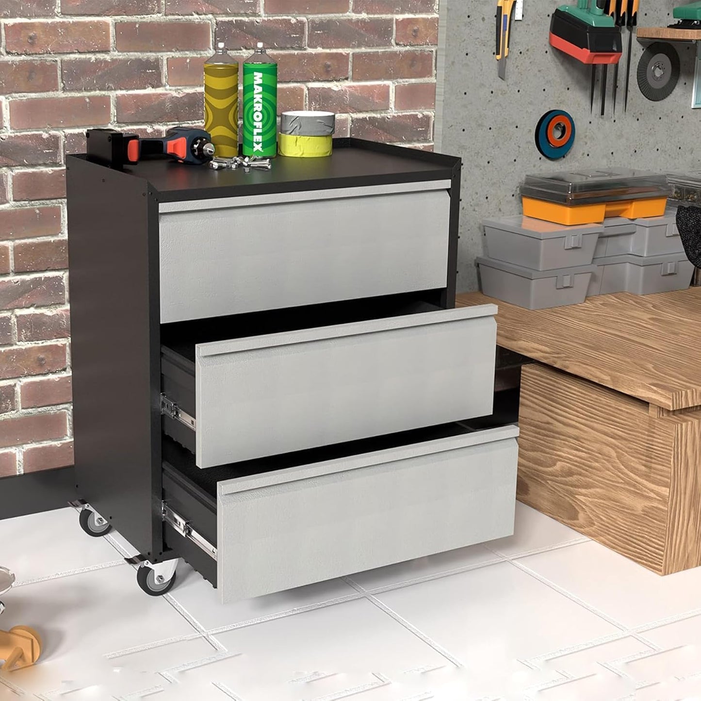ExploreHorizon Metal Storage Cabinet with 3 Drawers on Wheels, Heavy Duty Rolling Tool Cart, Mobile Tool Chest for Garage, Workshop, Home, Office, Warehouse, Gray