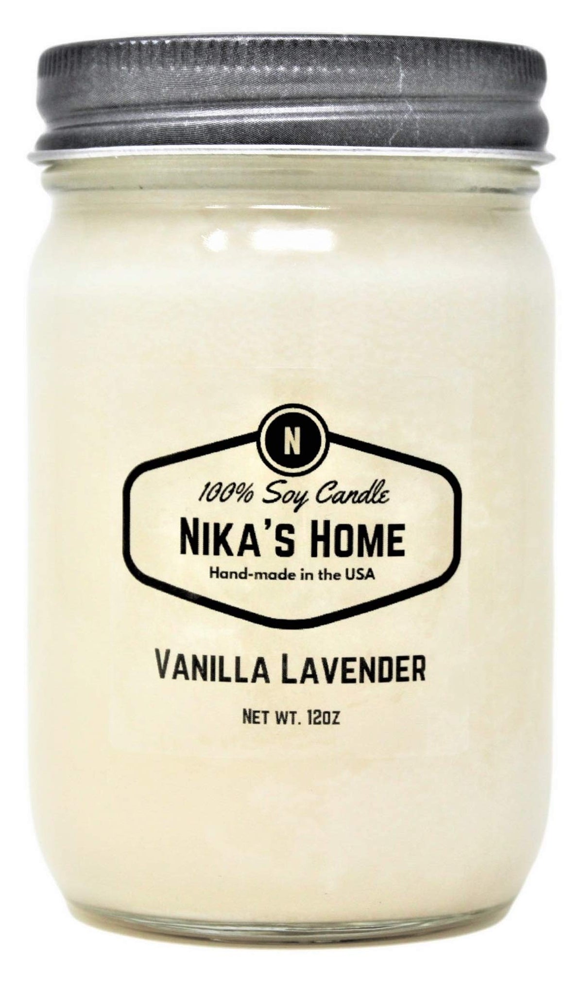 Nika's Home Vanilla Lavender Soy Candle - 12oz Mason Jar - Non-Toxic - Hand Poured in The USA, Long Burning 50-60 Hours Highly Scented All Natural, Clean Burning