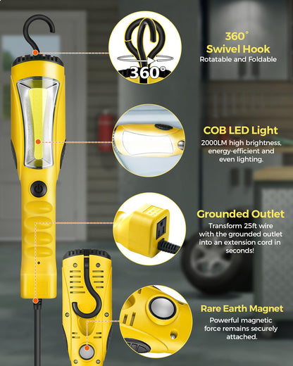 WILAWELS 45 FT 12AWG/3C SJTOW Retractable Extension Cord Reel and 18W 2000LM 25FT LED Work Light Bundle, for Garage, Workshop, Car Repair Scene B45CR06- Y04WL06